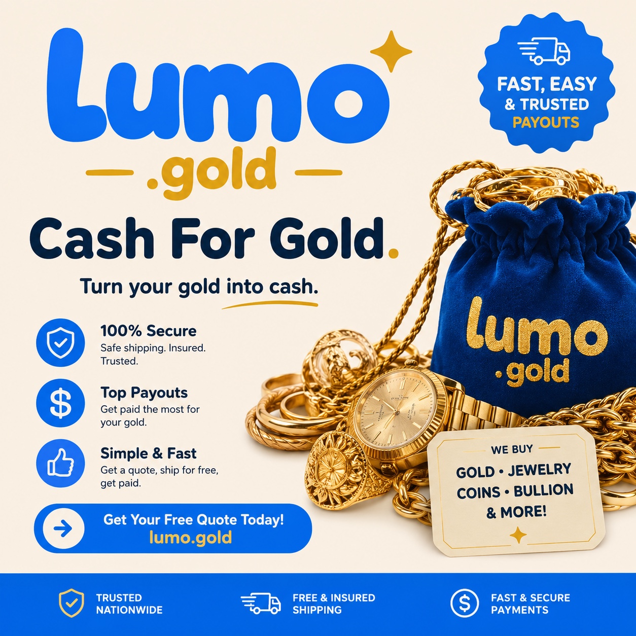Lumo Gold cash for gold service with secure insured shipping and fast payments